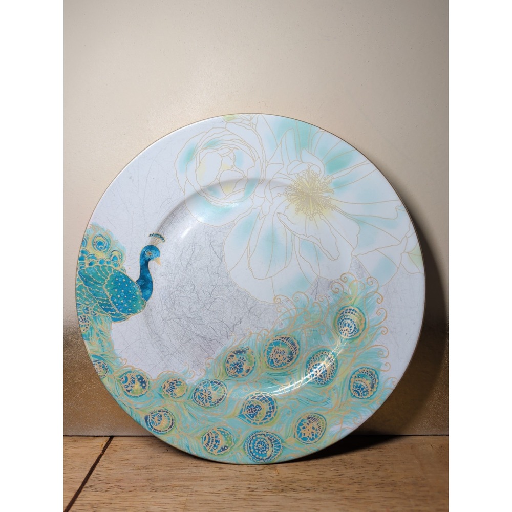 222 Fifth Lakshmi Peacock Dinner Plates 10.5" Aqua Gold